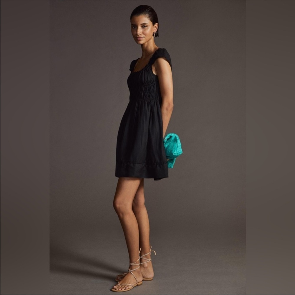 Anthropologie Smocked-Waist Mini Dress Ruffle Backless Black Cap Sleeve size med